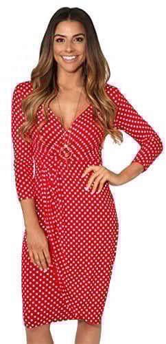 KRISP Women Polka Dot Wrap Midi Dress V-Neck 3/4 Sleeve (Red, 8), 6487-RED-08