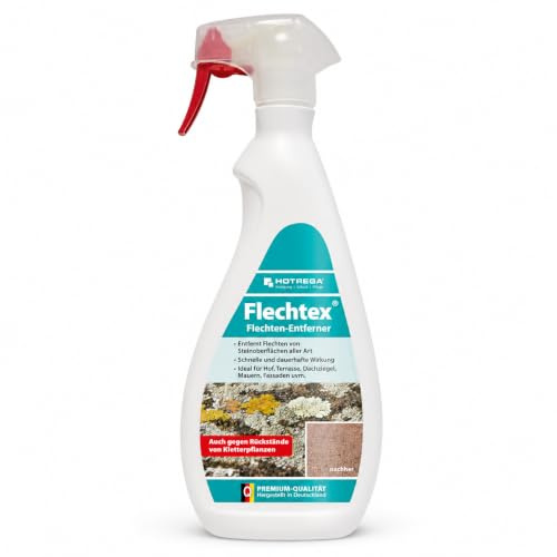 HOTREGA Flechtex 750 ml | Gebrauchsfertiger Flechtenentferner mit Sprühkopf | Reiniger gegen Algen & Beläge | Für Stein, Beton, Pflaster | Chlorfrei auf Naturstein, Fassade, Klinker & Grabstein nutzbar