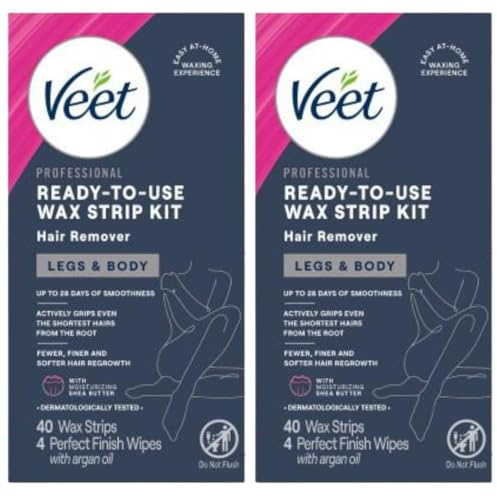 Veet Leg & Body Hair Removal Kit- Sensitive Formula, Ready-to-use Cold Wax Strips, Shea Butter & Acai Fragrance, 40 Count (Pack of 2)