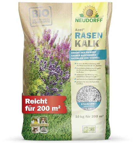 Neudorff Azet Chaux de Gazon – Le calcaire Biologique Augmente Rapidement Le pH des pelouses acides pour Un Gazon Vert et vigoureux et prévient la Mousse, 10 kg pour 200 m², Blanc