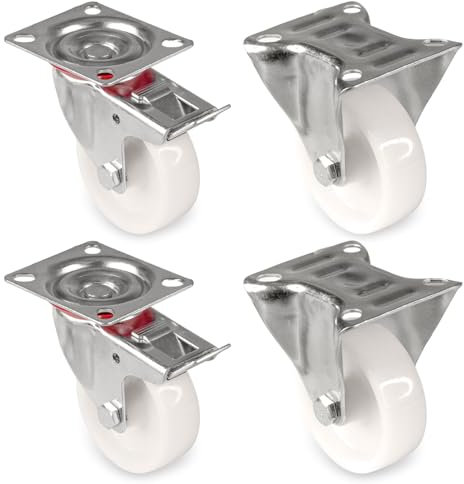 PRIOstahl Transportrollen 4er Set 100mm - 2x Lenkrollen mit Bremse 2x Bockrollen weiß PP - Möbelrollen Apparaterollen Schwerlastrollen für Geräte Möbel Werkstatt