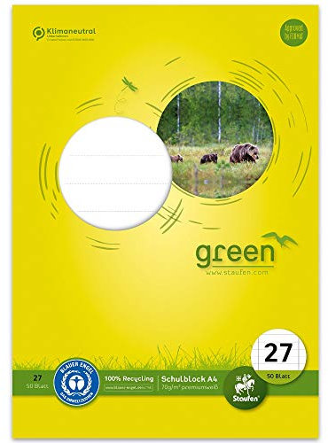 Staufen Green Schulblock - DIN A4, Lineatur 27 (9mm liniert mit Randlinien), 50 Blatt, 4-fach Lochung, premiumweißes 70g/m² Recyclingpapier, 1 Stück