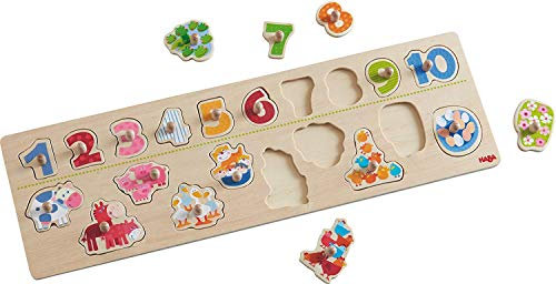 HABA 301961 - Greifpuzzle Tierischer Zählspaß , Holzpuzzle mit bunten Tiermotiven zum Zahlen lernen , Puzzle mit 20 Teilen , Holzspielzeug ab 2 Jahren