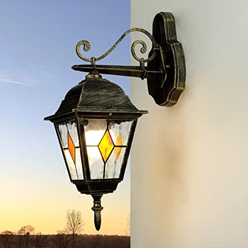 Licht-Erlebnisse Wandlaterne Aluminium Glas in Gold Antik IP44 Terrasse Balkon T:24 cm E27 Laterne hängend Tiffany Außenwandleuchte SALZBURG