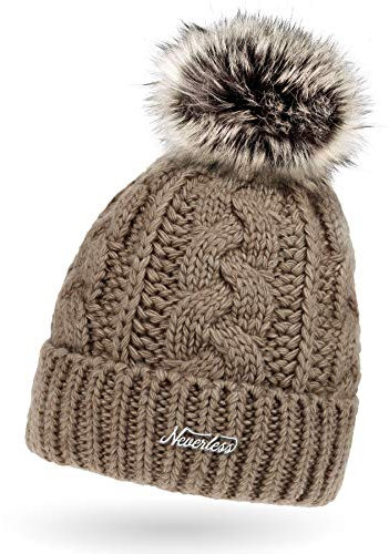 Neverless Damen Strick-Mütze gefüttert mit Fell-Bommel, Kunstfell, Winter-Mütze, Bommelmütze, dunkel-beige Unisize