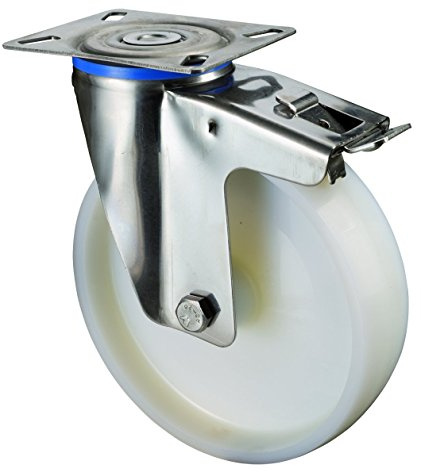 BS Rollen Edelstahl-Lenkrolle mit Feststeller, Anschraubplatte, Kunststoffrad, 150 mm, H120.A90.150
