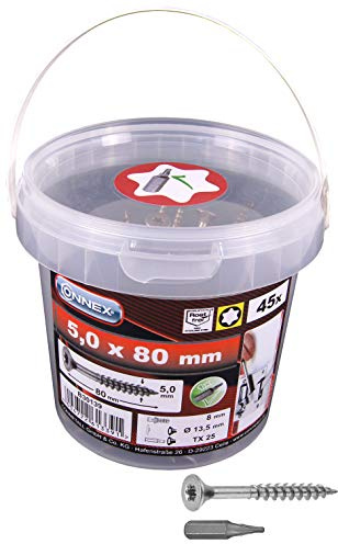 Connex Universalschrauben 5,0 x 80 mm - 45 Stück im Set - Senkkopf - TX-Antrieb - Teilgewinde - Edelstahl rostfrei - Inkl. Bit / Schrauben-Set / Schrauben-Eimer / B30139 5,0 x 80 mm (45 Stück) | TX-Antrieb – Teilgewinde – Edelstahl rostfrei – Inkl. Bit – Schrauben-Set – Schrauben-Eimer – für Befestigungsarbeiten