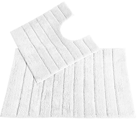 Allure Ribbed Design 2 Piece Bath and Pedestal Toilet Mat Set, 100% Cotton (White)