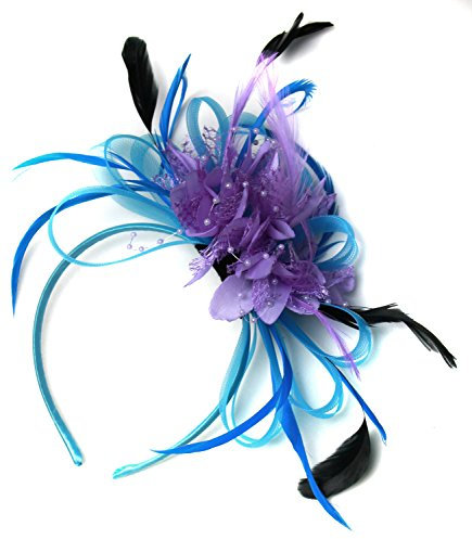 Aqua Cornflower Blue and Lilac Purple Net Hoop Feather Hair Fascinator Headband Wedding Royal Ascot Races