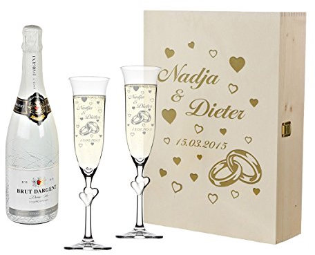 polar-effekt 2 Sektgläser mit weiße Herzen und Sekt-Flasche in Geschenkbox - Sektglas-Set Personalisiert mit Gravur - Geschenkidee für Paare zur Hochzeit - Motiv Ringe mit Herzen