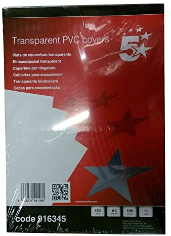 5 Star Office Binding Combs Covers 150 Micron A4 Clear (Pack of 100)