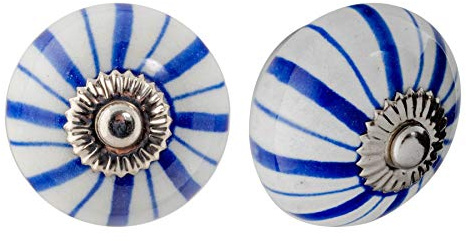 Nicola Spring Ceramic Cupboard Drawer Handle Knobs - Floral Design - Dark Blue Lines - Pack of 6