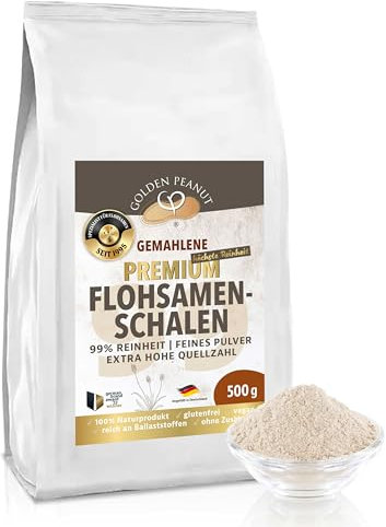 GOLDEN PEANUT Flohsamenschalen Pulver 99% 500 g Psyllium fein gemahlen ohne Zusätze glutenfrei ideale Backzutat