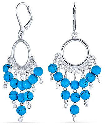 Westlicher Schmuck Boho Ethnischer Indischer Stil Blaue Türkis Quaste Perlen Kronleuchter Ohrringe Für Frauen Teenager .925 Sterling Silber Klappverschluss