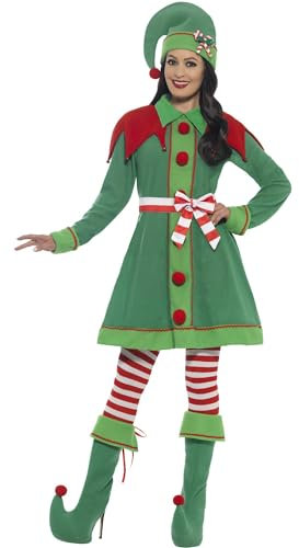 Smiffys Miss-Elf-Kostüm, Grün, mit Kleid, Hut, Stiefelüberziehern, Strumpfhose & Gürtel