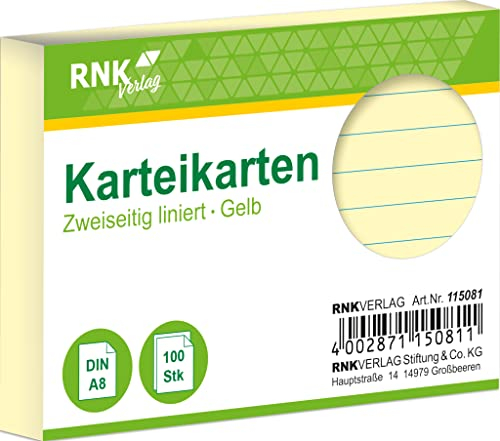 RNKVERLAG 115081 - Karteikarten liniert 5 mm, gelb, DIN A8, 1 Packung à 100 Karten