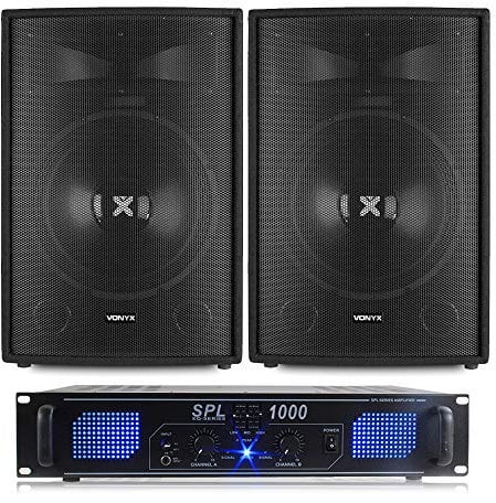 VONYX SL15 Passive DJ Speakers Pair with Skytec SPL1000 1000W Stereo Amplifier, Audio & Speaker Cables - Complete Home Audio Karaoke Disco PA System 1600W