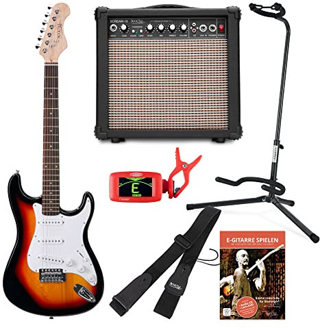 Rocktile Sphere Classic Set Chitarra Elettrica Sunburst (chitarra elettrica in design ST con 3 pickup e tremolo, incluso amplificatore, supporto, accordatore, tracolla e cavo per chitarra) Sunburst