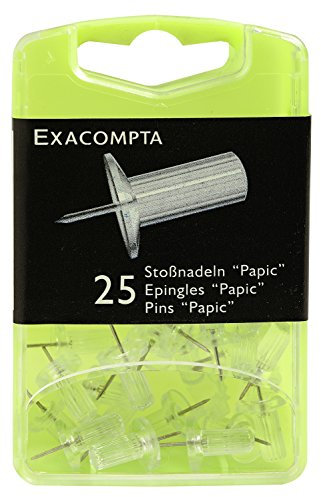 Exacompta 14912E 25er Pack Pinwandnadel mit rundem geripptem Kopf Stoßnadeln in Kunststoffbox für Pinnwände Fotowände Korktafeln kristall transparent