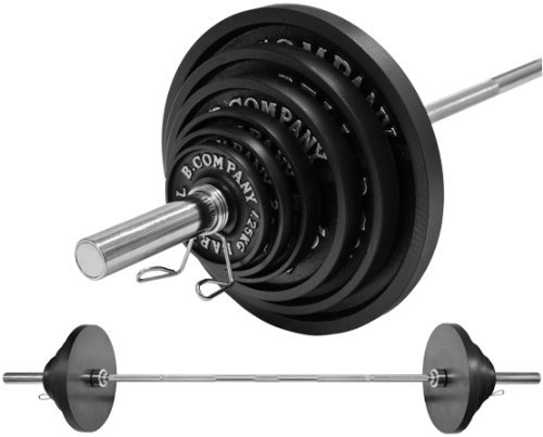 Bad Company Hantelset I Olympia Hantelscheiben 50/51 mm aus Gusseisen (2 x 1,25 kg, 2 x 2,5 kg und 2 x 5 kg, 2 x 10 kg, 2 x 15 kg, 2 x 20 kg) inkl. Langhantelstange 220 cm I Komplett-Set 125,5 kg