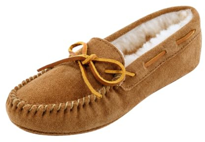Minnetonka Women's Sheepskin Soft Leather Sole Moccasins, Tan, 7 M US