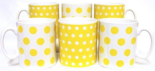 Yellow Dots and Spots Mugs Set of 6 Porcelain Ceramic Cups Hand Decorated in UK