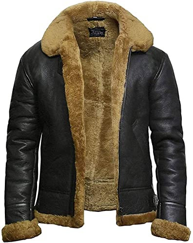 Brandslock Herren-Bomberjacke aus echtem Lammfell/Schafsleder, Pilotenjacke, B3-WWII-Fliegerjacke, Cockpit, dicke Wolle innen Gr. XXXXL, braun