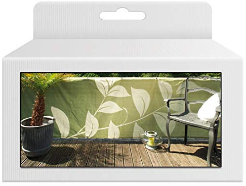 bambus-discount.com Balkon Bespannung Sichtschutz 90 x 300cm grün mit Ösen und Blätter Motiv - Geländer Balkonverkleidung 3m lang