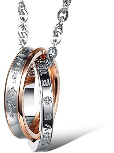 JewelryWe Schmuck Edelstahl Paare Halskette, 2 Ringe Verriegelung mit Forever Love Gravur Anhänger, Partneranhänger mit 45cm und 50cm Kette, Partnerketten für Damen Gold/Silber