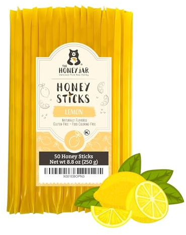 The Honey Jar Lemon Flavored Honey Sticks - Pure Honey Straws For Tea, Coffee, or a Healthy Treat - One Teaspoon of Flavored Honey Per Stick - Made In The USA with Real Honey - (50 Count)
