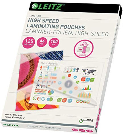 Leitz Heißlaminierfolien Speed A4 125 mic, Laminierfolien für 30% schnelleres Laminieren in Premium-Qualität im 100er Pack, Glänzend, Transparent, iLAM, 74810000