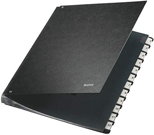 Leitz Pultordner, A4, 24 Fächer, 24 Plastik-Buchstaben-Taben mit Einsteckschildern, 6 Sichtlöcher, Schwarze Hartpappe, Schwarz, 58240095