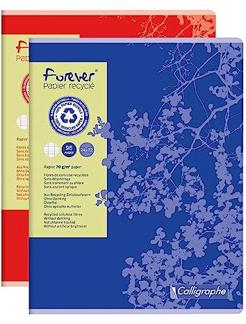 Calligraphe 17493C Un Cahier Agrafé Forever (une Marque de Clairefontaine) - 24x32 cm - 96 Pages Grands Carreaux - Papier 100 % Recyclé 70 g - Couverture Recyclée - Couleur Aléatoire