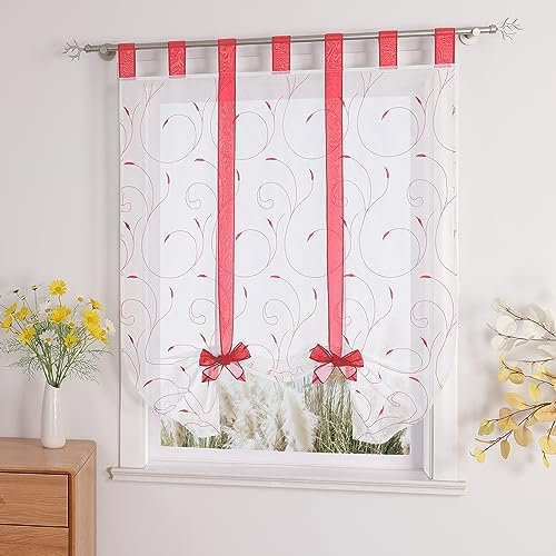 Raffrollos mit Band & Stickerei Raffgardinen Voile 1er-Pack B*H 140*140cm Rot