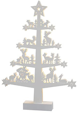 Hellum LED Tannenbaum mit timer, Fensterdeko, mit Waldtieren, Holz, weiß, Weihnachtsdeko, Tischdeko, 10 warm-weiße LED, 32x46cm, batteriebetrieben (2xAA, nicht inkl.!), für innen 522037