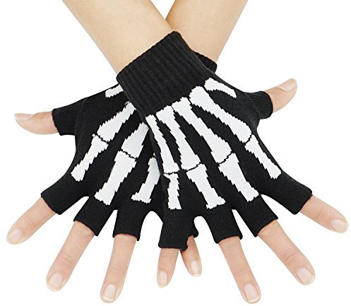 Bienvenu Unisex Stretchy Fingerless Hand Warmer Skeleton Gloves, White, One Size