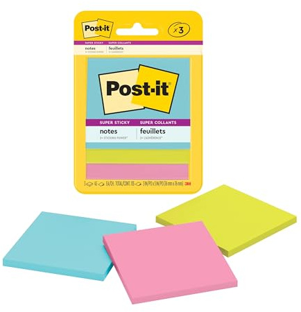 Post-it Super Sticky Notes, 3 Sticky Note Pads, 3 x 3 in., School Supplies, Office Products, Sticky Notes for Vertical Surfaces, Monitors, Walls and Windows, Supernova Neons Collection