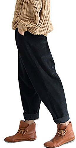 Youlee Frauen-elastische Taille Corduroy Hose mit Taschen Schwarz Einheitsgröße