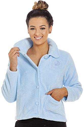 Camille Womens Supersoft Fleece Bed Jacket - Luxury Collared Warm Sleep Top - Button up & Long Sleeved Blue 10-12