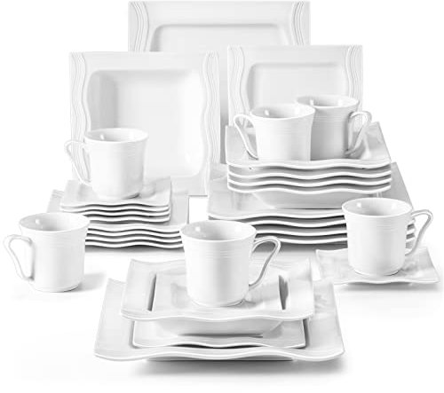 MALACASA, Serie Mario, 30-teilig Geschirrset Kombiservice aus Weißen Porzellan Keramik im Klassischen Design mit je 6 Kaffeetassen, 6 Untertassen, 6 Dessertteller, 6 Tiefteller und 6 Flachteller