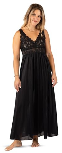 Shadowline Women’s Black Long Lace Bodice Nightgown  |  (Medium), 53” Length Sleeveless Gown  |  Elegant sleepwear crafted from lightly-shimmering Satintrique nylon and soft stretch lace.