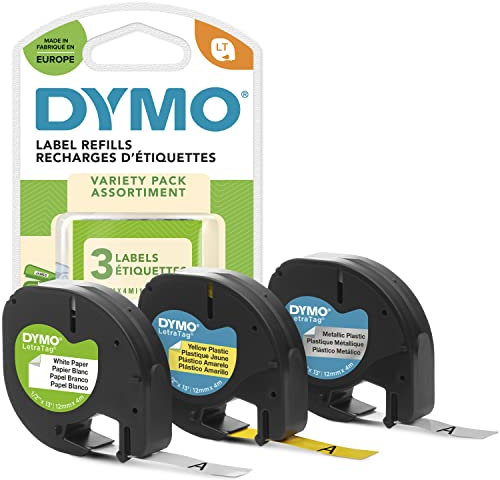 DYMO Original LetraTag Etikettenband | Papier/Kunststoff/Metall | 12 mm x 4 m | selbstklebendes Etiketten | für LetraTag-Beschriftungsgerät | 3 Etikettenkassetten