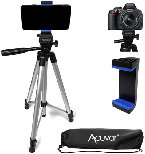 Acuvar Aluminium-Stativ für iPhone-Kamera und Camcorder mit Handyhalterung, Handy-Ständer für alle Handys, iPhone und alle Samsung Galaxy, Android und Nikon, Canon, Sony, Olympus, Fuji-Kameras, mit