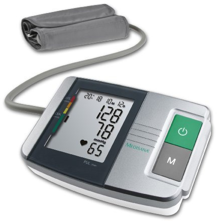 Medisana MTS Tensiómetro de brazo, medición precisa de la presión arterial y el pulso con función de memoria, escala de semáforo, indicación de latidos irregulares, Plateado, Blanco y Negro