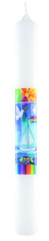 Taufkerze mit buntem Druckmotiv Schiff, Taube und Regenbogenfisch, 400x40 mm