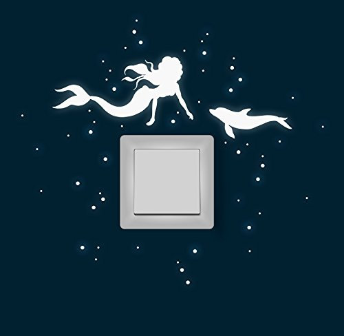 Wandtattoo Wandaufkleber Lichtschaltertattoo Leuchtsticker Aufkleber Meerjungfrau und Delfin fluoreszierend M1618