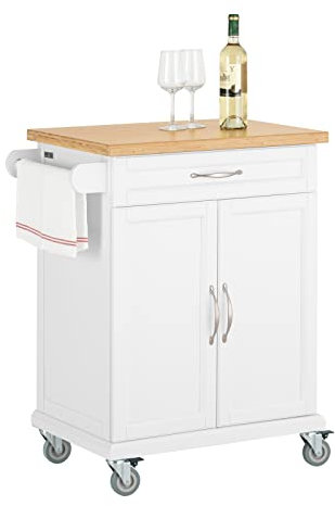 SoBuy Desserte de cuisine à roulettes avec plateau en bambou, meuble de rangement de cuisine, meuble plan de travail avec tiroir – Idéal pour cuisine, salle à manger ou restaurant 66x91x45 cm FKW13-WN