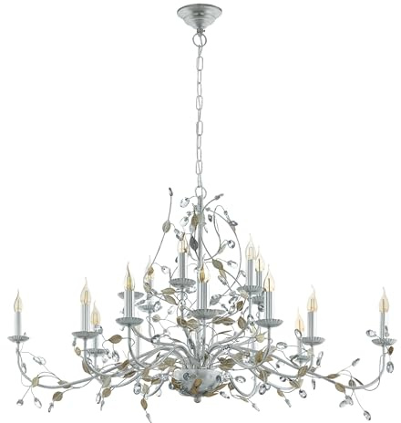 EGLO Pendelleuchte Flitwick 1 15-flammiger Vintage | Kronleuchter mit Kristallen, Hängelampe aus Stahl in silber, Esszimmerlampe mit Blätter-Dekor, Lampe hängend mit E14 Fassung