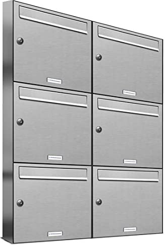 AL Briefkastensysteme 6er Briefkastenanlage, V2A Edelstahl, Premium Briefkasten DIN A4, 6 Fach Postkasten modern Aufputz