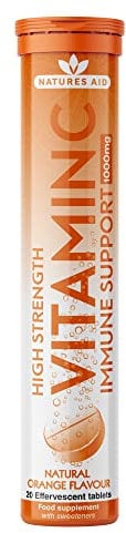 Natures Aid Vitamin C 1000mg Effervescent 20 Tablets – High Strength Fizzy Supplement – Immune Support & Collagen Formation – Vegan, Vegetarian, Gluten Free – No Gummies or Capsules